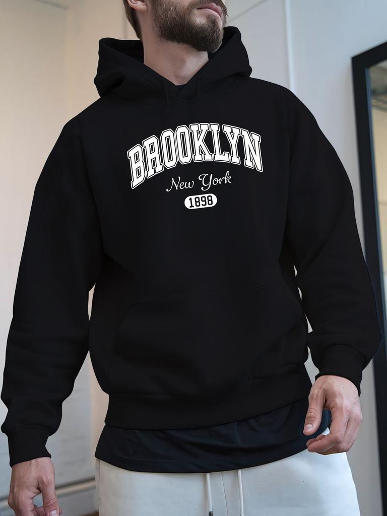 Brooklyn 1898 unisex Red Hoodie - Cozy Velvet Winter Sweatshirt with "NEW YORK" Print, Long Sleeve, Casual Fit, Perfect for Fall & Winter, Gift for Me