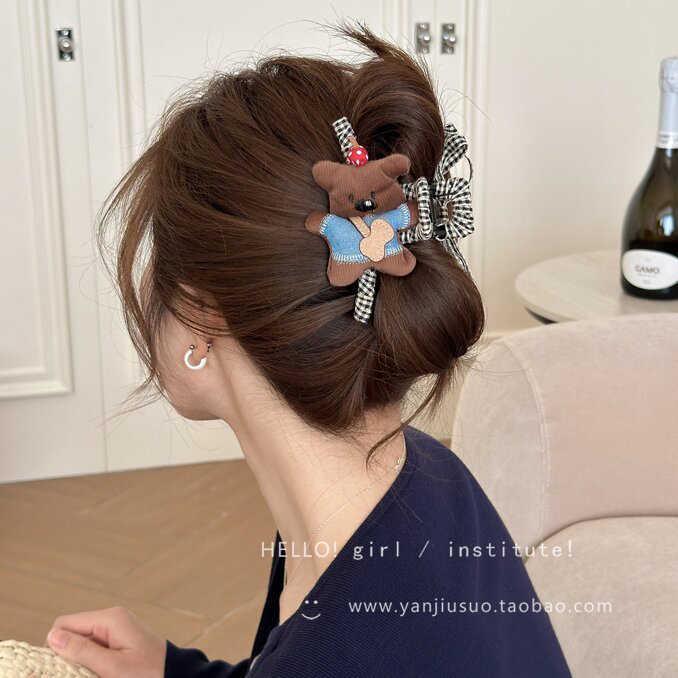 High-End 2025 Large Cartoon Bear Bow Hair Clip for Women - Bun & Shark Clip for Voluminous Hair