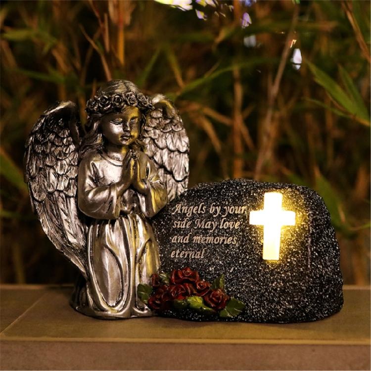 Resin Praying Angel Garden Statue With Solar Lighted Crosses Outdoor Waterproof Sculpture Grave Lamp for Patios Cemetery
