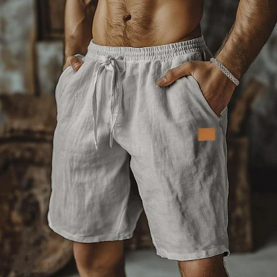 

2026 Cotton Linen Breathable Mid-Length Drawstring Shorts - Elastic Waist, Solid Color, Casual Straight Leg for Daily Wear or Beach Outings. M серый