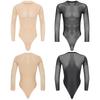 Mens Semi-Transparent Long Sleeve Bodysuit Lace-Up Crotch Leotard Nightwear Fancy Jumpsuit