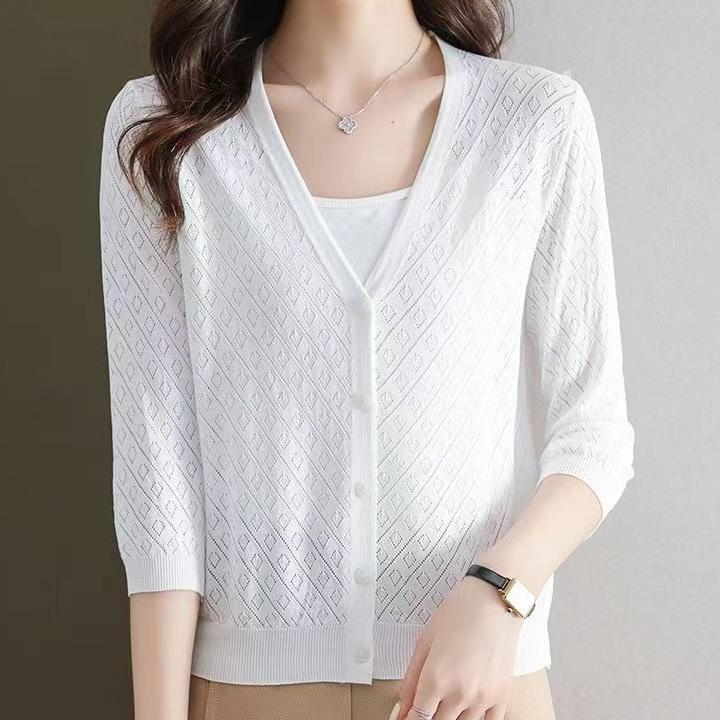 Women's Summer Fashion Knit Cardigan - Lightweight, Versatile, Rice Apricot Top