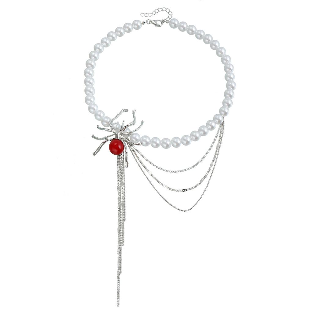 Sweet cool babes ins wind exaggerated collarbone chain goth dark spider fringed pearl necklace