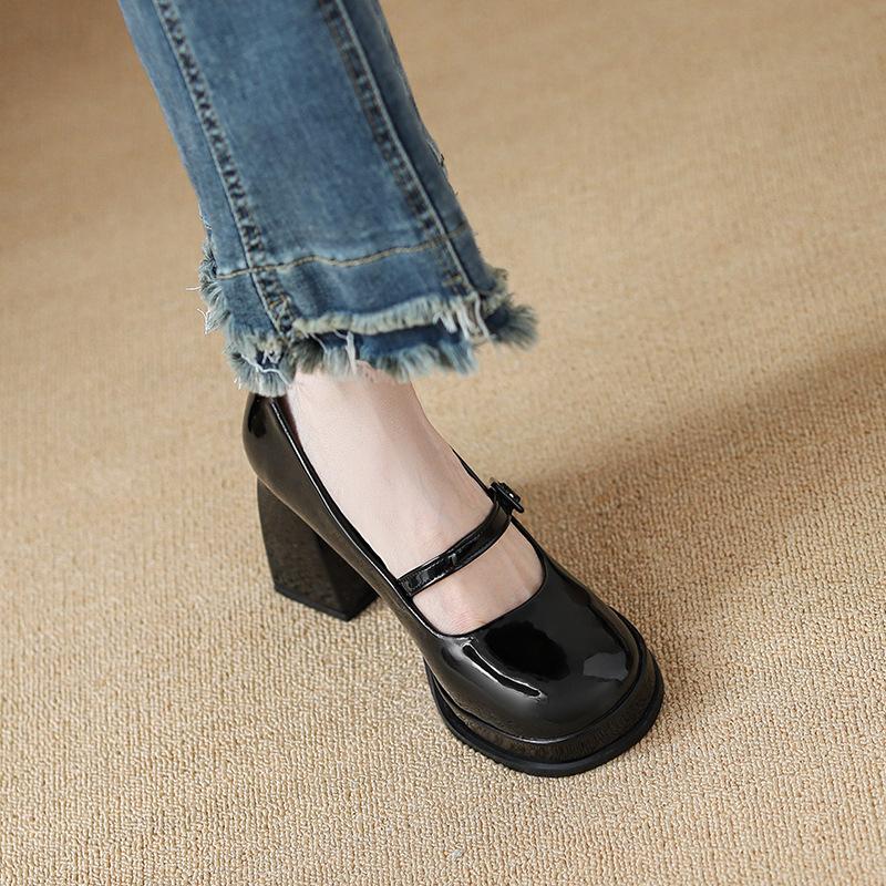Spring New Versatile Small Leather Shoes Red Wedding Thick Heel Heightening Waterproof Table Mary Jane Shoes Women's Single Shoes
