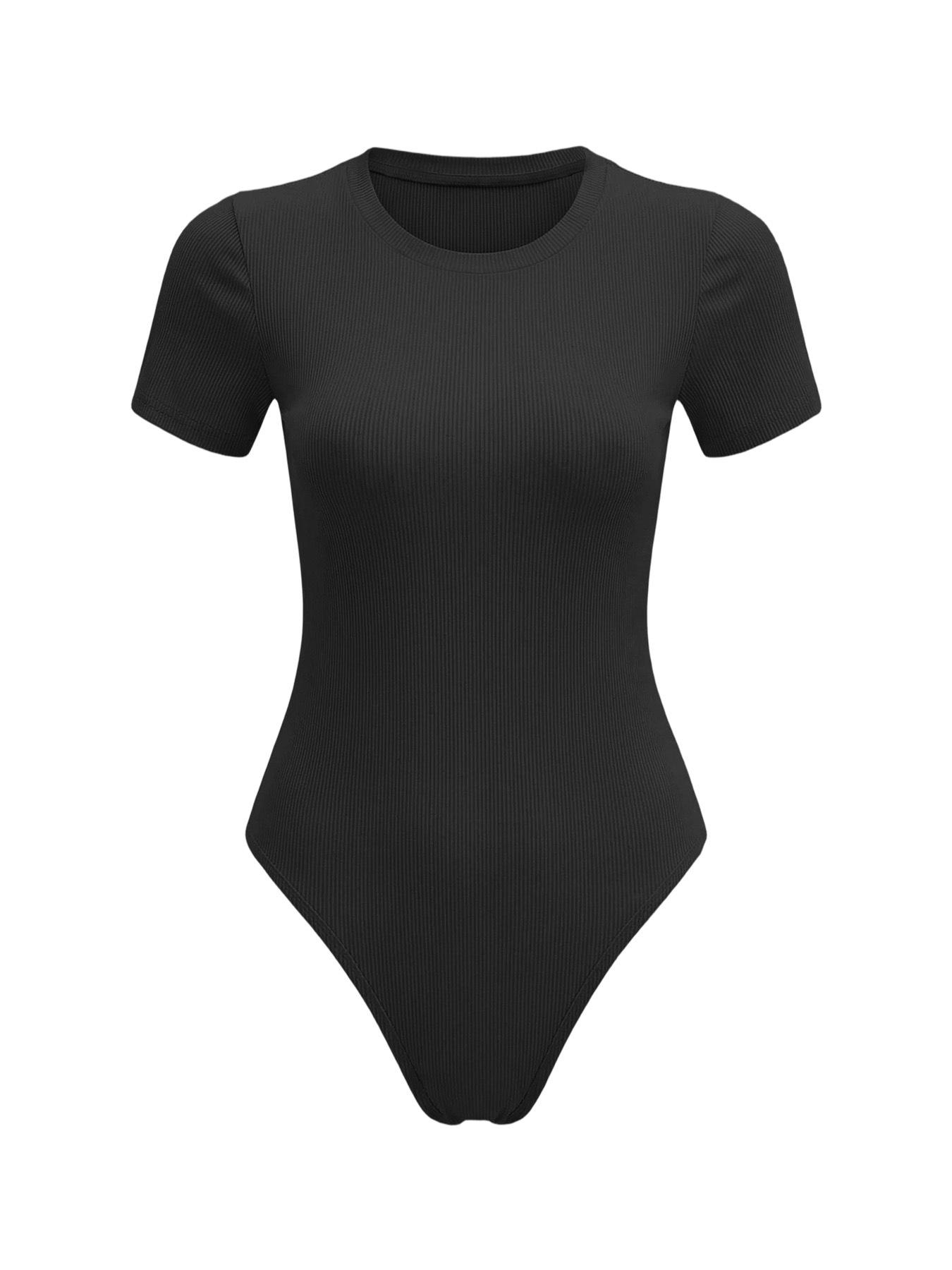 Cross-border spring and summer Amazon Europe beautiful women s short-sleeved round neck casual elastic basic T-shirt tights S чёрный