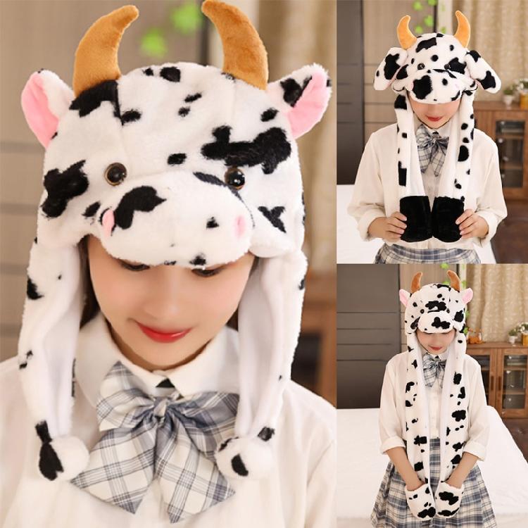 Warm Hat with Jumping Ears Party Stuffed Cow Ox Horn Toy Fleece Cap for Kids