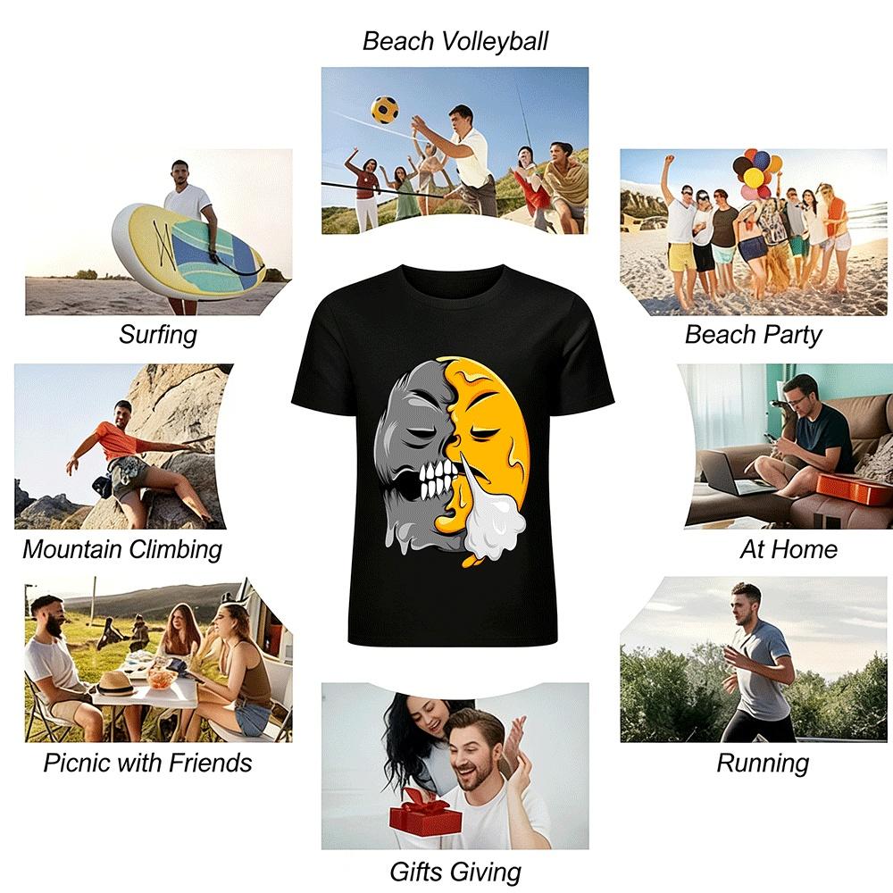 Two Sided Melted Skull Smile Graphic Trendy Short Sleeve Tee Pure Cotton T-shirt