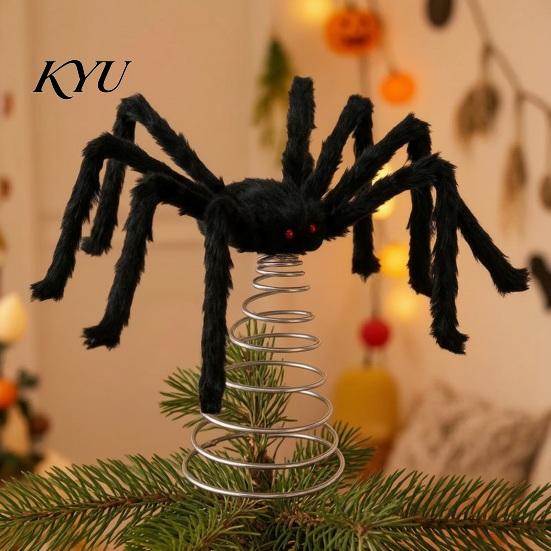 Festive Spider Decorations Halloween Tree Topper, Spooky Large Black Furry Topper Ornament with Spiral Base for Home Party Haunted House Supplies