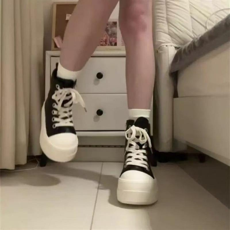 Dark sail platform canvas shoes women's new heightening sports shoes inner heightening casual high-top shoes