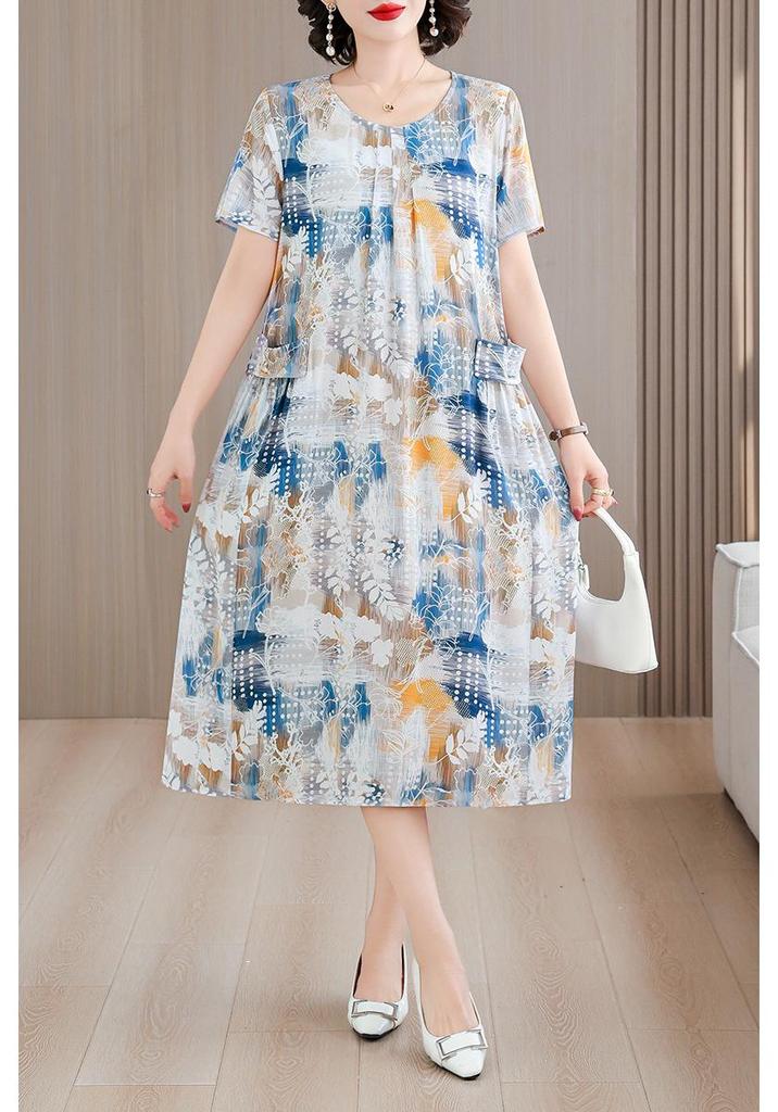 Plus Size Fresh Floral Print Summer Midi Dress - Loose, Pleated Design 2026