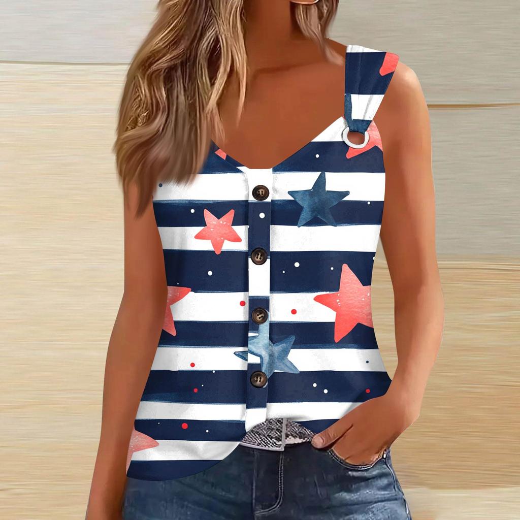 Women's Fashion Casual Loose Sleeveless Buttoned V-Neck Independence Day Printed T-Shirt Top