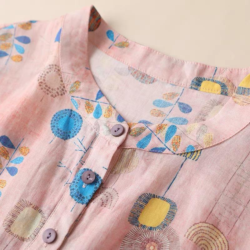 2025 Women's Trendy Loose Nine-Sleeve Printed Ramie Stand Collar Pullover Shirt