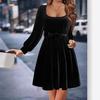 2026 Women's Elegant Korean Black Velvet Square Neck Dress - Perfect for Autumn/Winter
