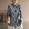 Camicia da donna primaverile in cotone e lino a maniche lunghe, retrò, con ricamo vintage, abbottonata