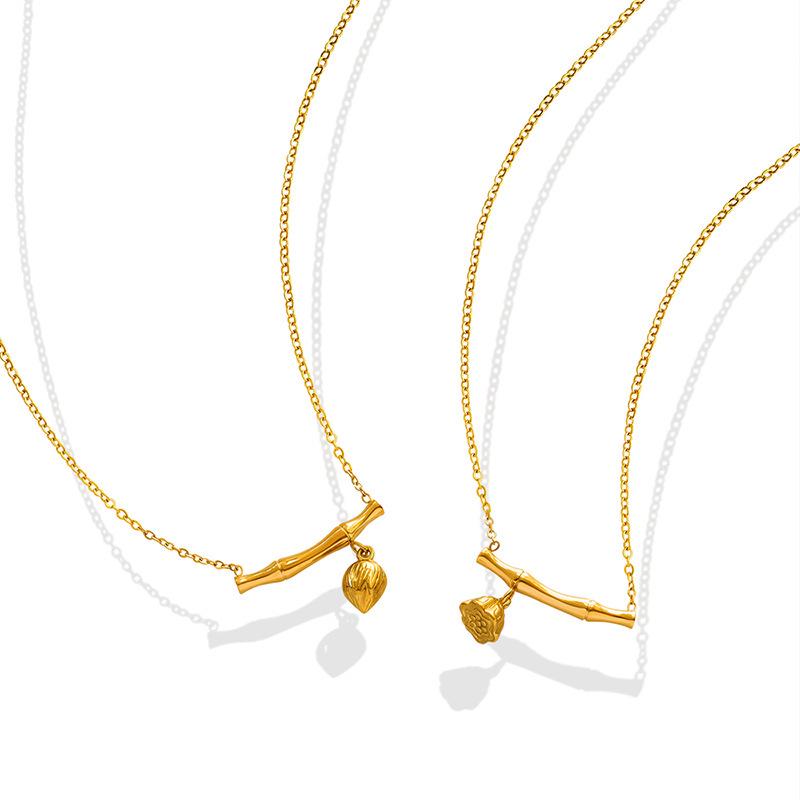 18K Gold Plated Bamboo Lotus Pod Pendant Necklace - European & American Niche Design, Personalized Titanium Steel Jewelry