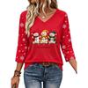 Women's V Neck 3/4 Sleeve Christmas Print Pullover Top Casual Holiday Shirt