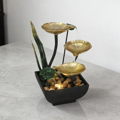 Fonte de Água de Mesa para Relaxamento com Pedras 3 Níveis Folha de Lótus Pequena Fonte de Cachoeira com Luz para Decoração Interna Zen Casa Quarto Mesa