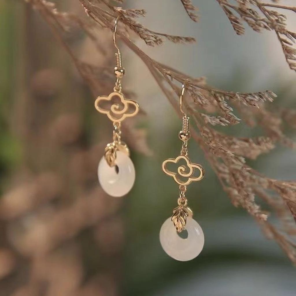 Cercei etnici chinezești din jad pentru femei Vintage Model Nor Norocos Pandantiv Picătură de Apă Bijuterii Elegante Accesoriu Hanfu Clip