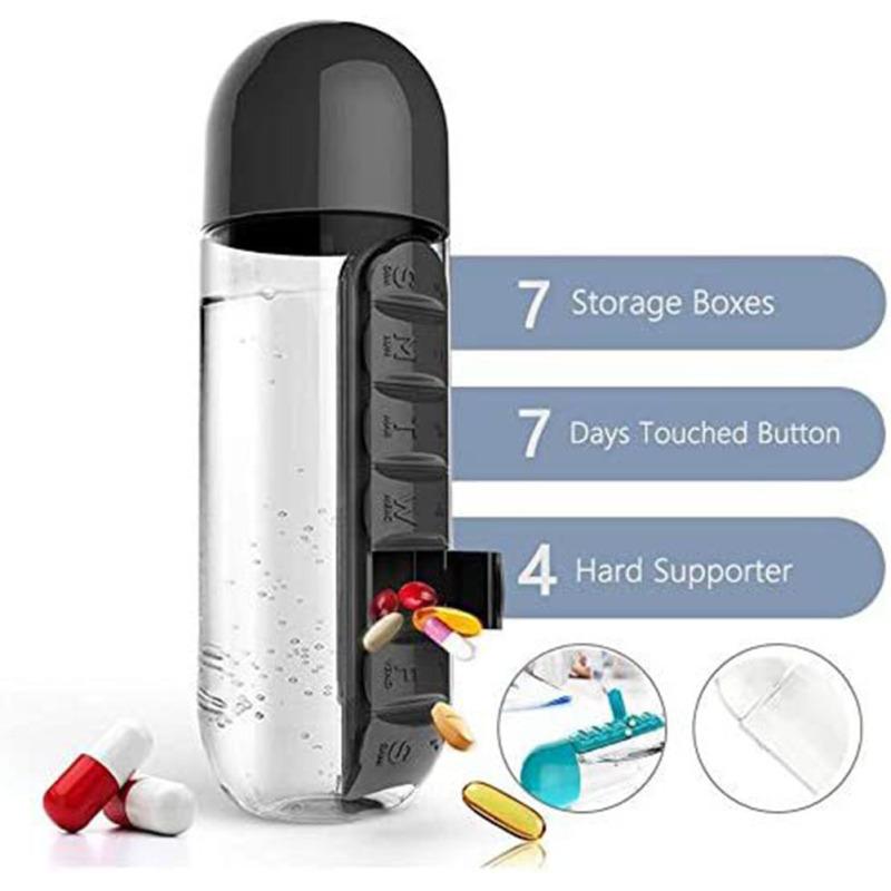2-in-1 600ml Portable Water Bottle Detachable Large-capacity 7 Day Pill Box Case Weekly Pill