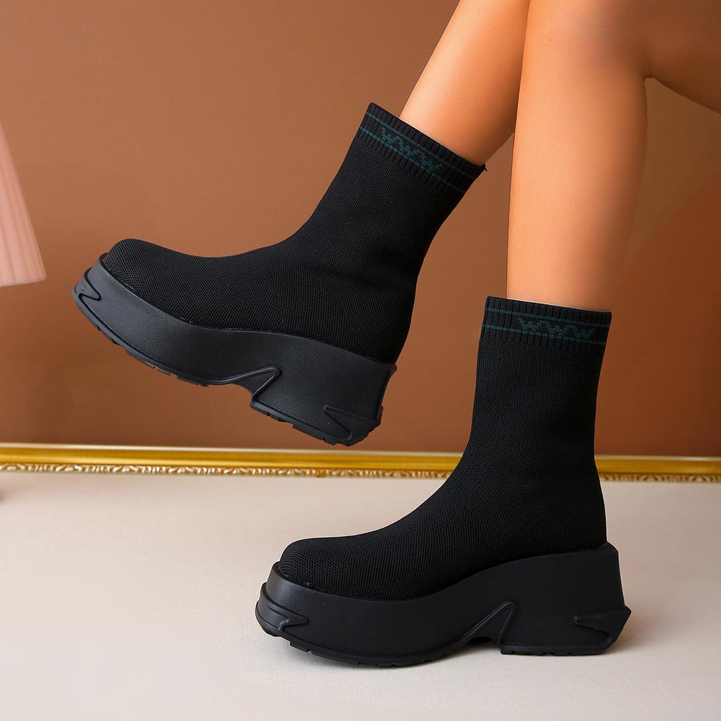 Flying knitted socks boots thick heel cigarette boots women's thick-soled muffin bottom short tube breathable short tube single boot large size Martin
