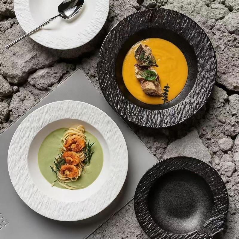Western Ceramic Dinner Plate Black White Matte Steak and Pasta Dishes Round Salad and Dessert Plate for Home Use Hotel Tableware