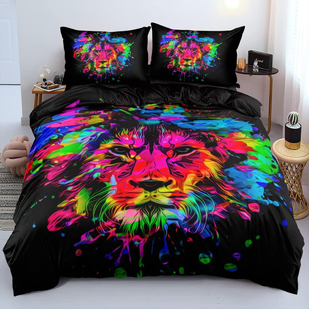 Lion Duvet Quilt Cover Sets Wild Animal Bedding Sets Pillow Shams King Queen Twin Full Size Boys Kids Girl Bedroom Decor 3PCS