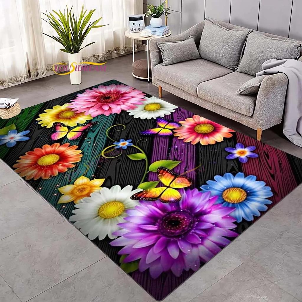 Koberec 3D Daisy Flowers Butterflies Velkoplošné koberce Barevný Butterfly Sunflower Koberec do obývacího pokoje Ložnice Herna Domácí dekorace