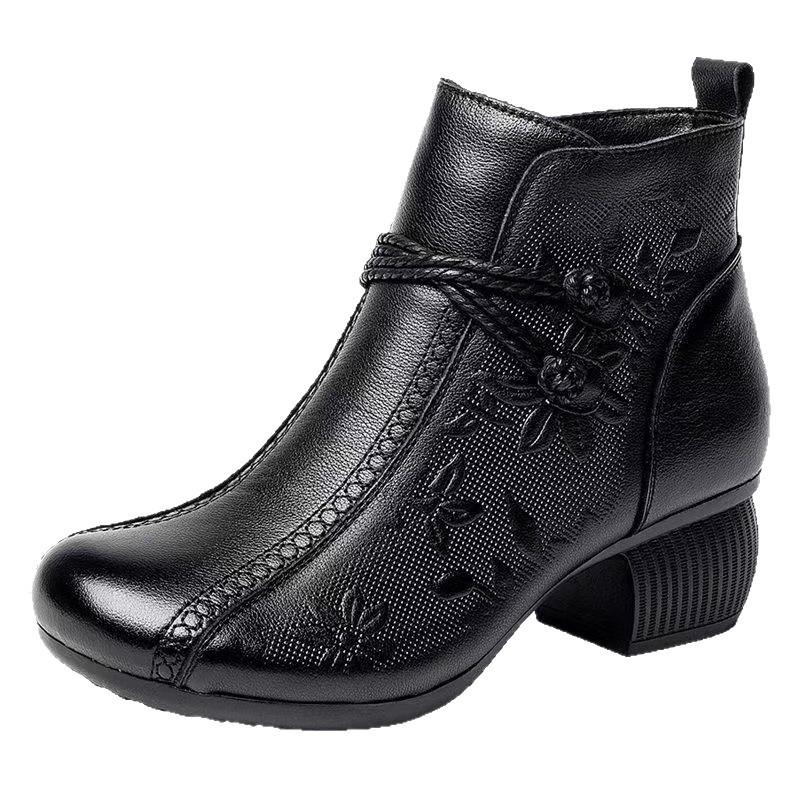 Retro Ethnic Style Short Boots Women's Autumn and Winter Single Boots Soft Leather Soft Sole Mother Cotton Shoes Velvet Leather Shoes Thick Heel 