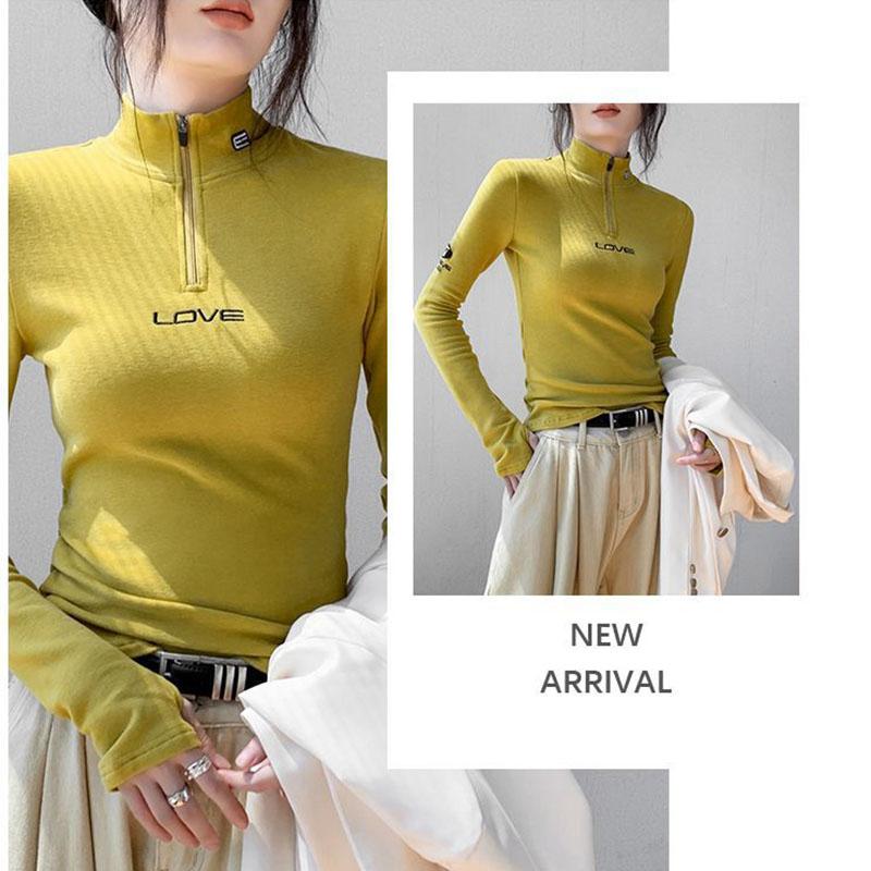 Women's Long-Sleeve T-Shirt Fall Sexy Slim Fit Stand Collar Zipper Double-Sided Fleece Base Shirt