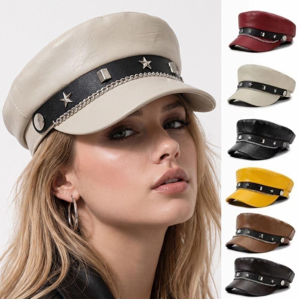 Y2k Star Rivet Beret Punk Octagonal Cap Vintage Flat Top Cap for Girls