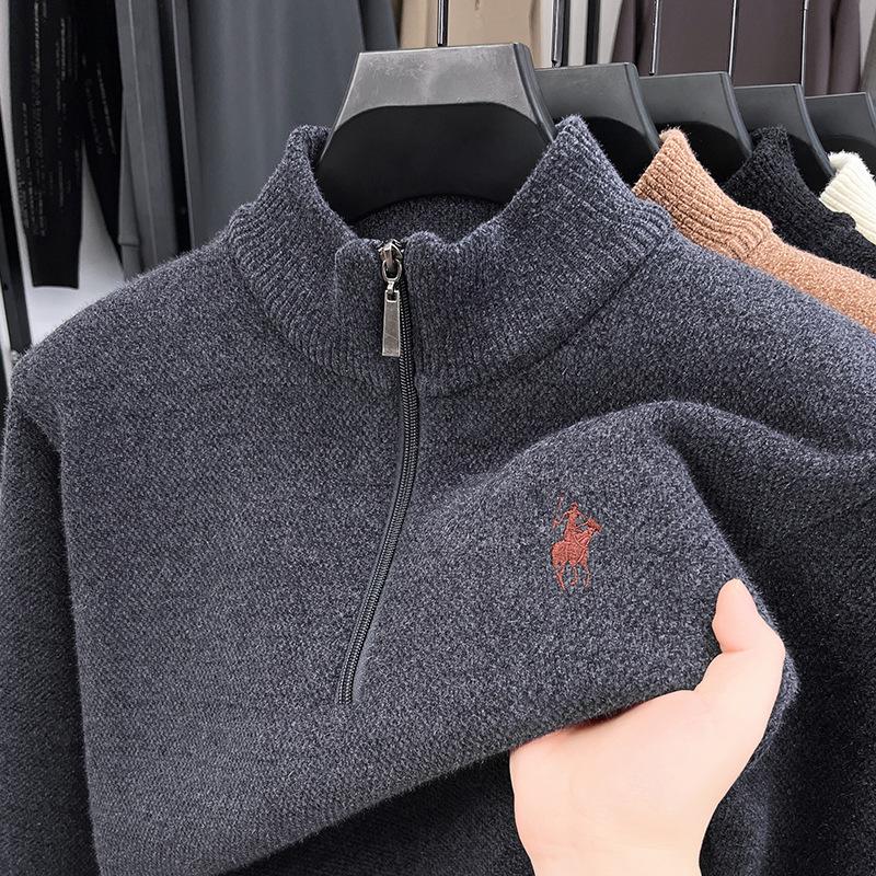Men's Winter Embroidered Pony Logo Fleece Sweater - Semi-High Neck, Thick Knit