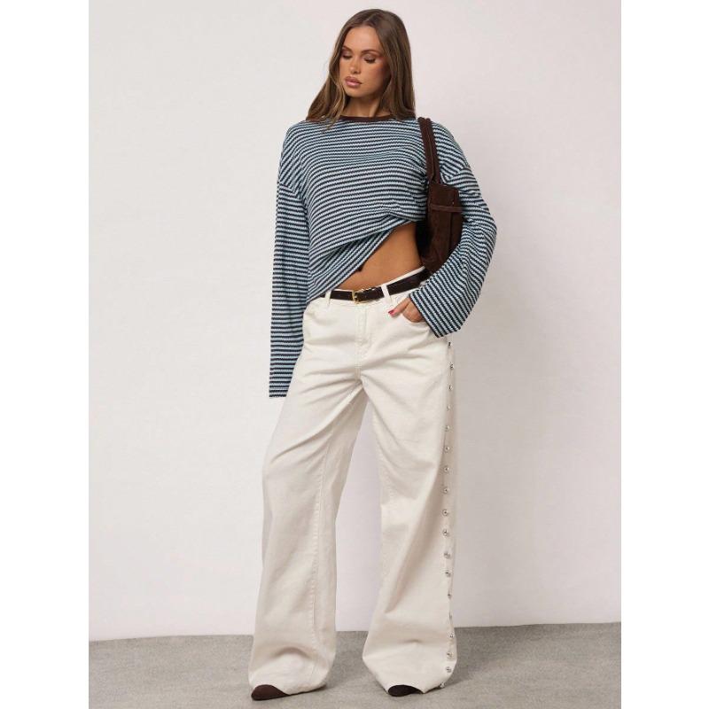 Womens Striped Knit Long Sleeve Loose T Shirt