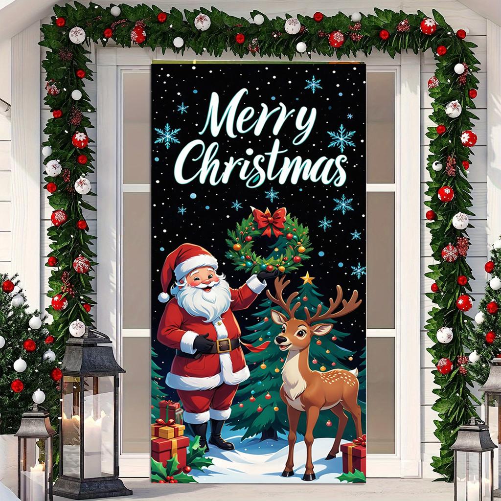 Christmas themed door curtain high elasticity easy to install and clean perfect for holiday home decoration