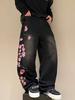 European and American street gothic style cherry blossom embroidered jeans k men's and women's retro fashion straight trousers