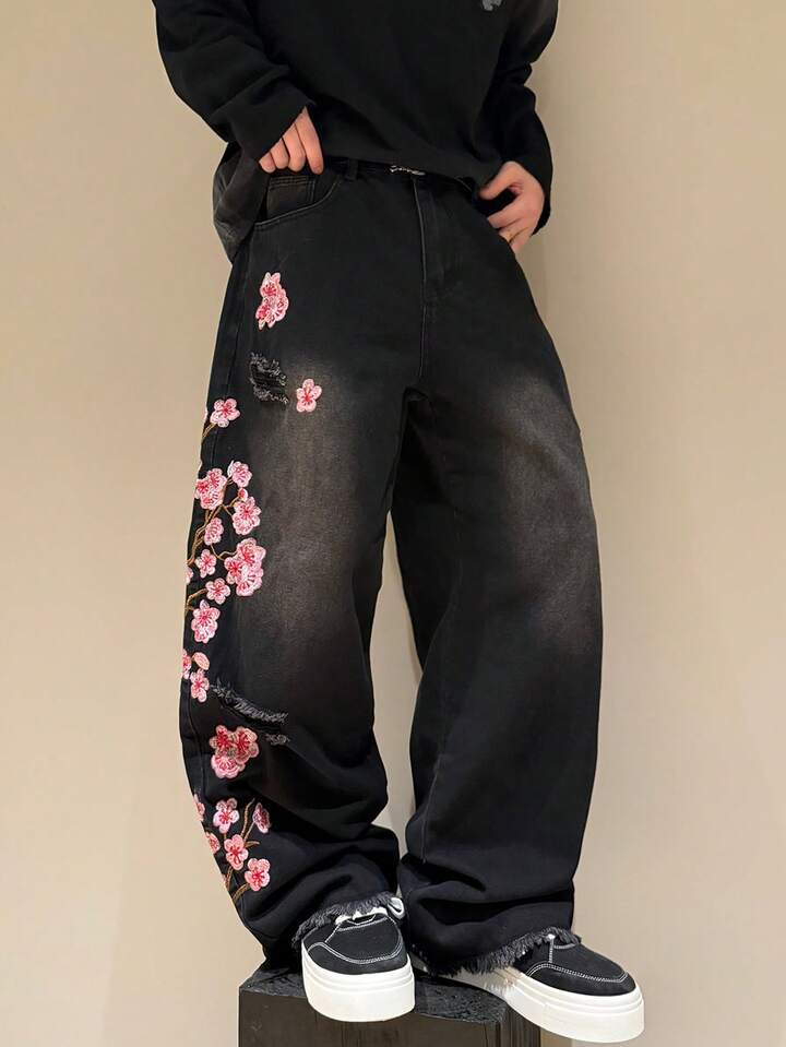 European and American street gothic style cherry blossom embroidered jeans k men's and women's retro fashion straight trousers