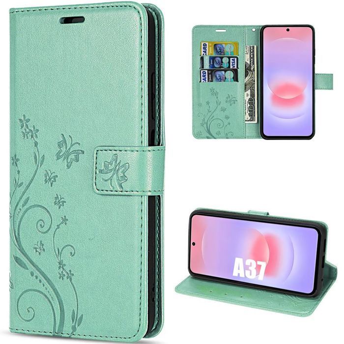 Case for Samsung Galaxy A37 5G, Anti-Scratch Protection Synthetic Leather Green Floral Butterfly Pattern