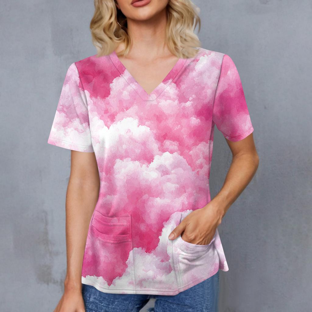 Women's Gradient Print V-Neck Double Pocket Short Sleeves Hem Slit Uniform Caregiver Top