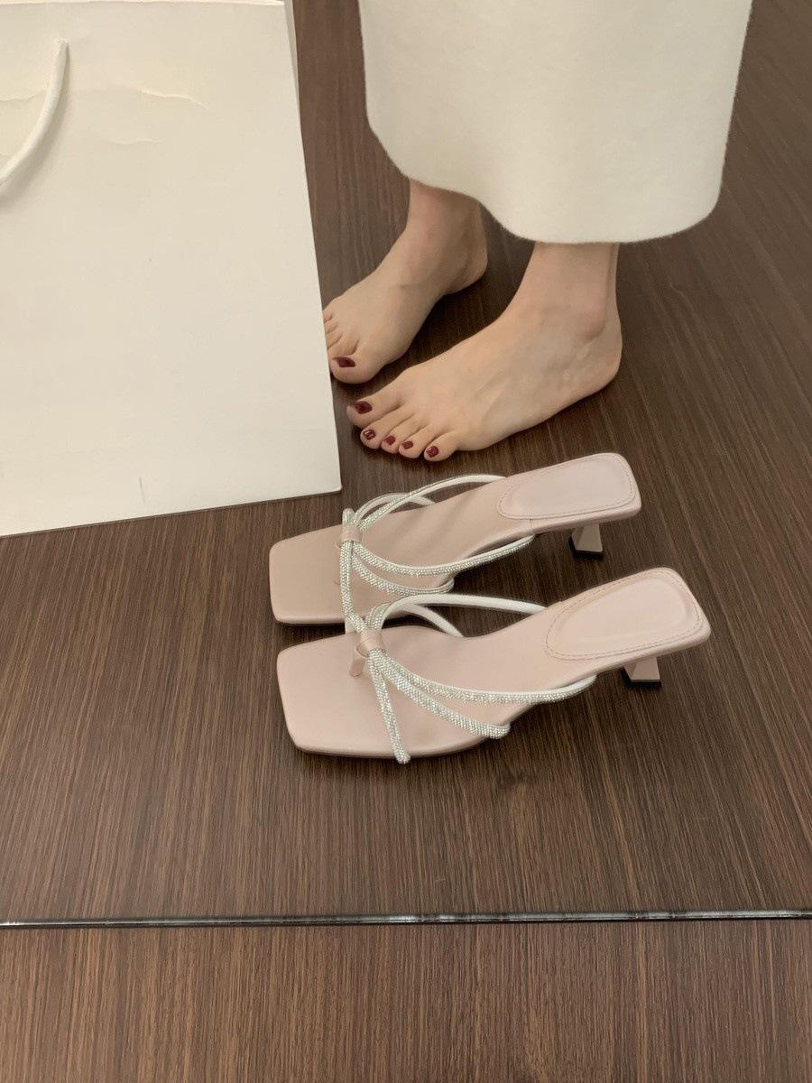 

With skirt fairy wind toe rhinestone cool slippers female summer wear 3cm kitten heel temperament beautiful high heels 40