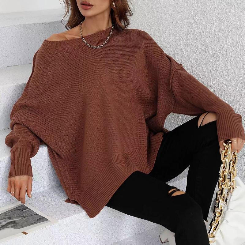 IHUASU Autumn and Winter Fashion Women's O-Neck Knit Loose Split Pullover Sweater