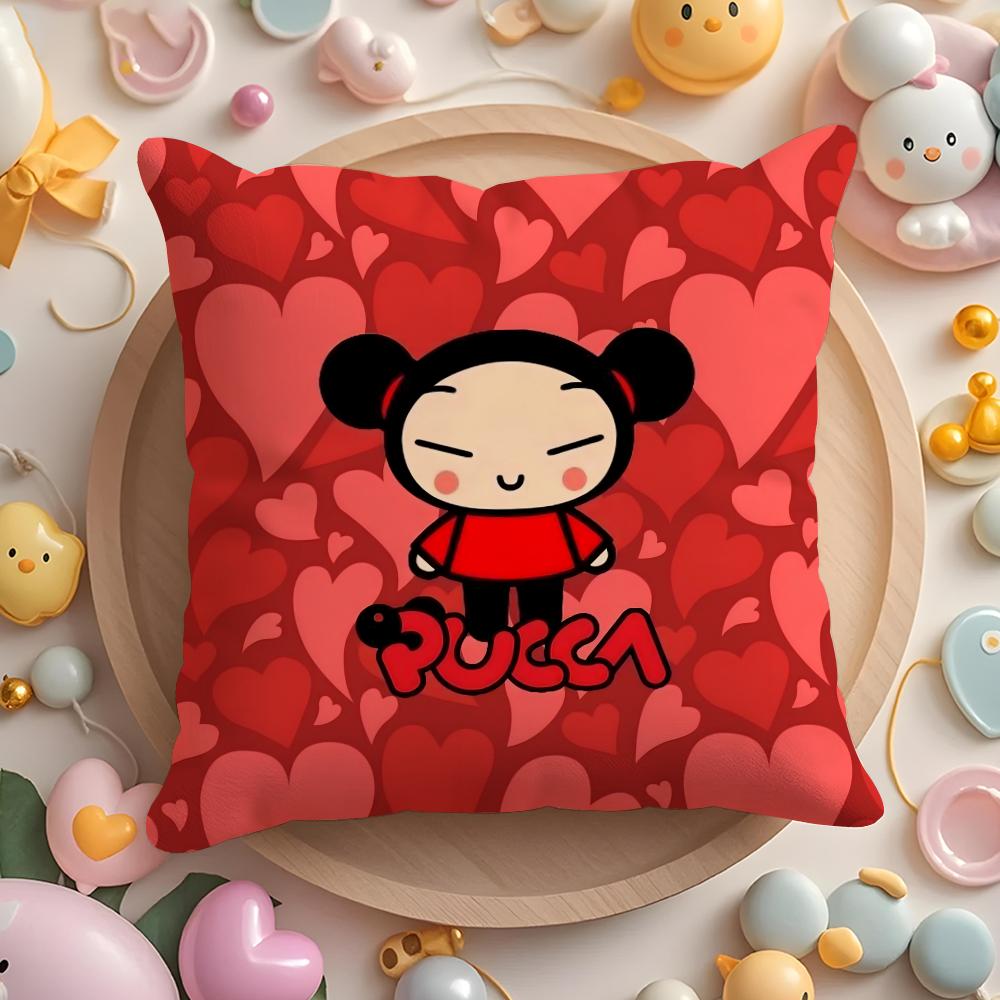 Kawaii P-Pucca Anime Cushion Cover Plush Fabric Soft Double-Sided Printed Sofa Pillow Case Colorfast Home Decor Gift