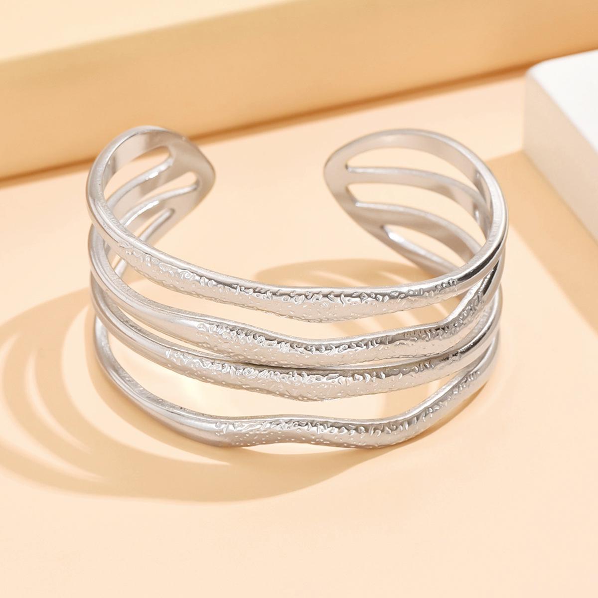 Wide Band Irregular Texture Stainless Steel Cuff Bracelet, 18K Gold Plated.