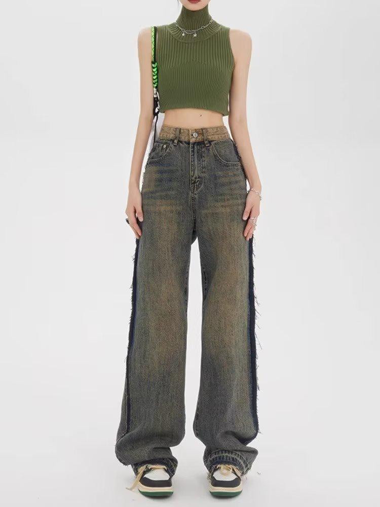 Women's High Waist Retro Distressed Wide-Leg Jeans - Spring/Autumn