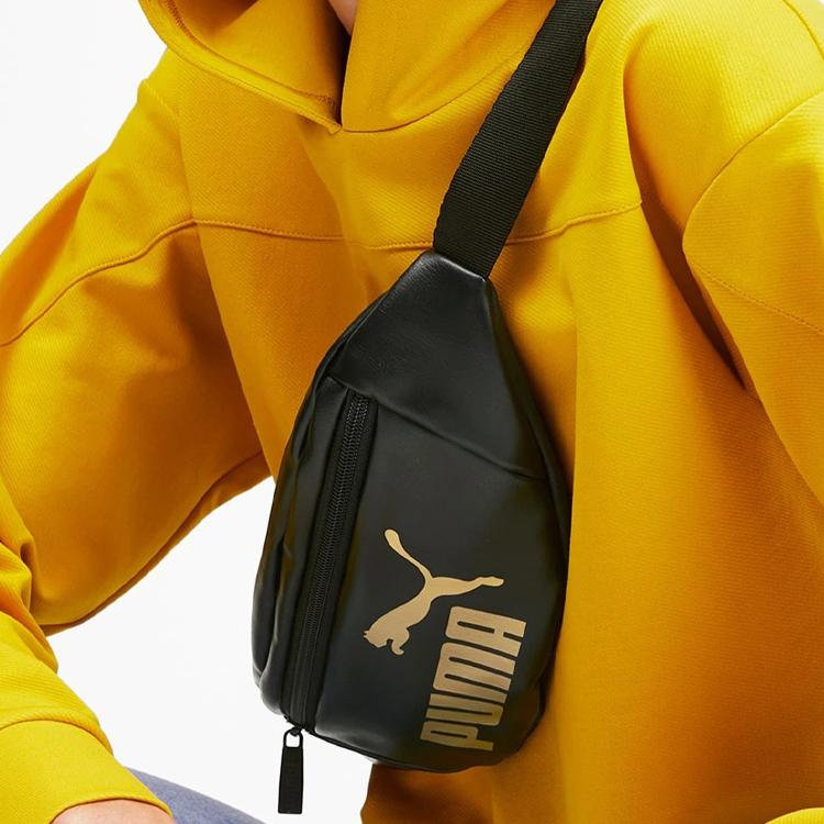 Puma Core Adjustable Woven Belt With Foil Logo Polyester Chest Bag Women Bags Black Gold 076115-01