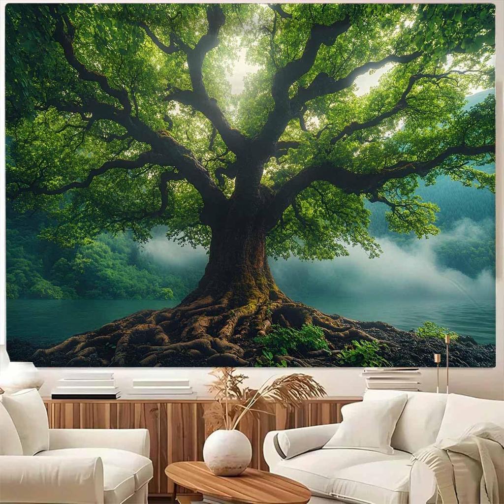 Nature Green Misty Forest Tree Tapestry Large Landscape Tree Of Life 3D Print Jungle Scenery Tapestries Wall Hanging For Bedroom