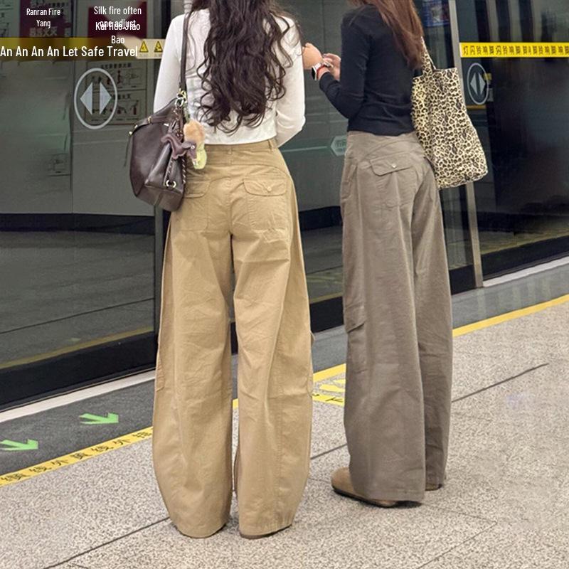 High-Waisted Wide-Leg Khaki Pants - Women's Casual Workwear, Floor-Length, Fits 5'9" to 5'11"