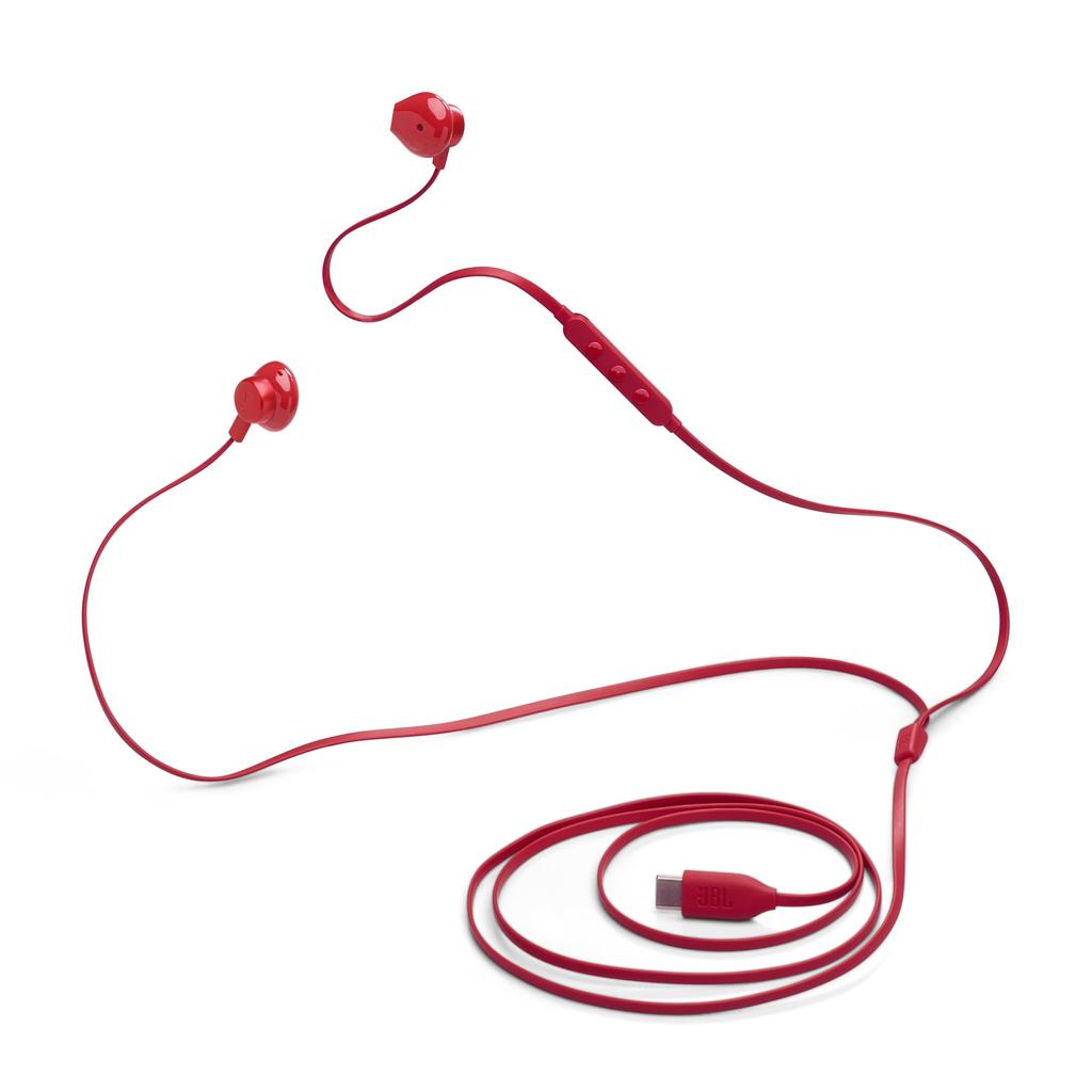 JBL TUNE 305C Wired In-Ear Headphones 12.5mm Dynamic Driver USB Type-C Hi-Res Audio 96 kHz 24-bit Preset EQ Built-in Microphone Flat Cable Red