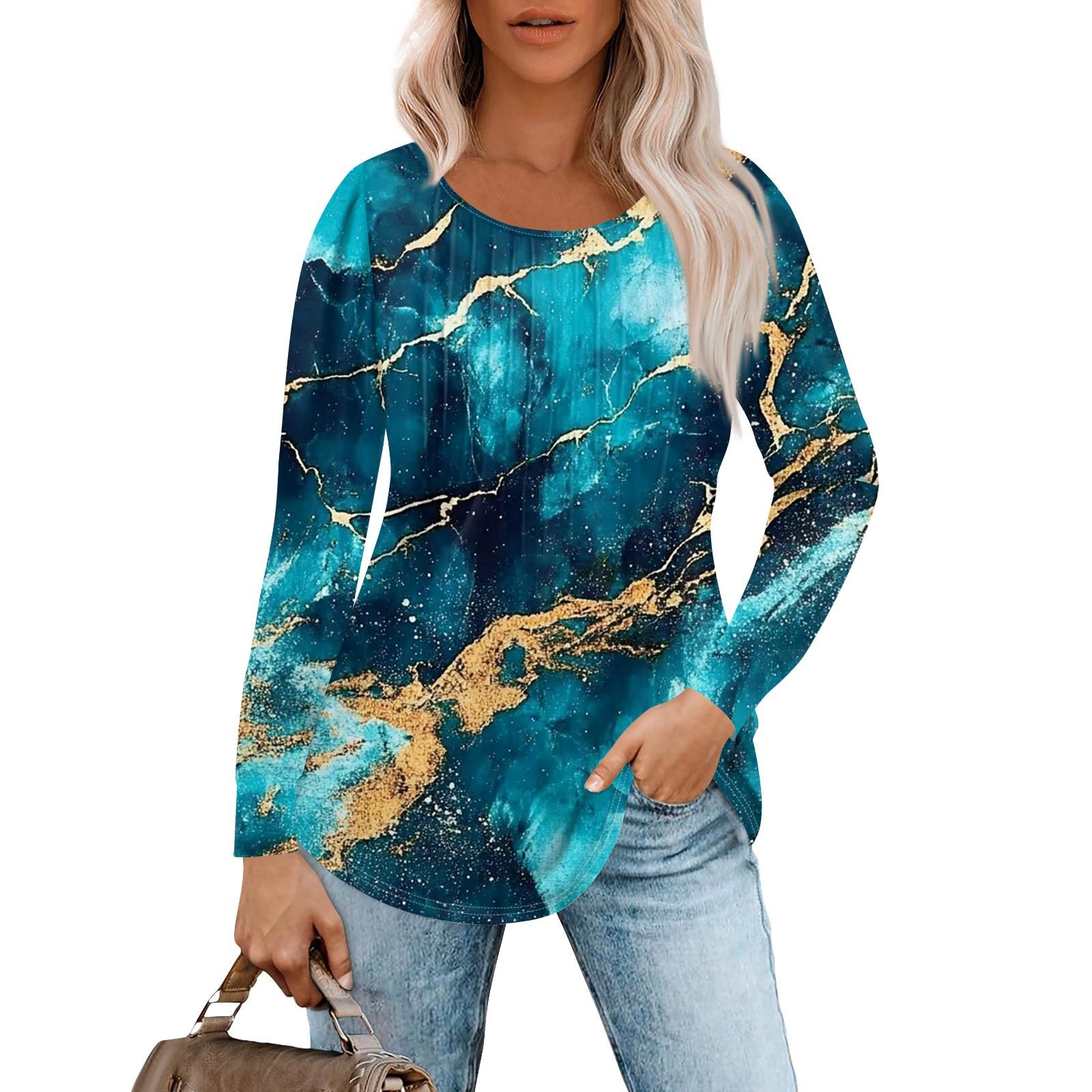 

Женская модная повседневная плиссированная футболка с круглым вырезом и принтом, с длинным рукавом S синий