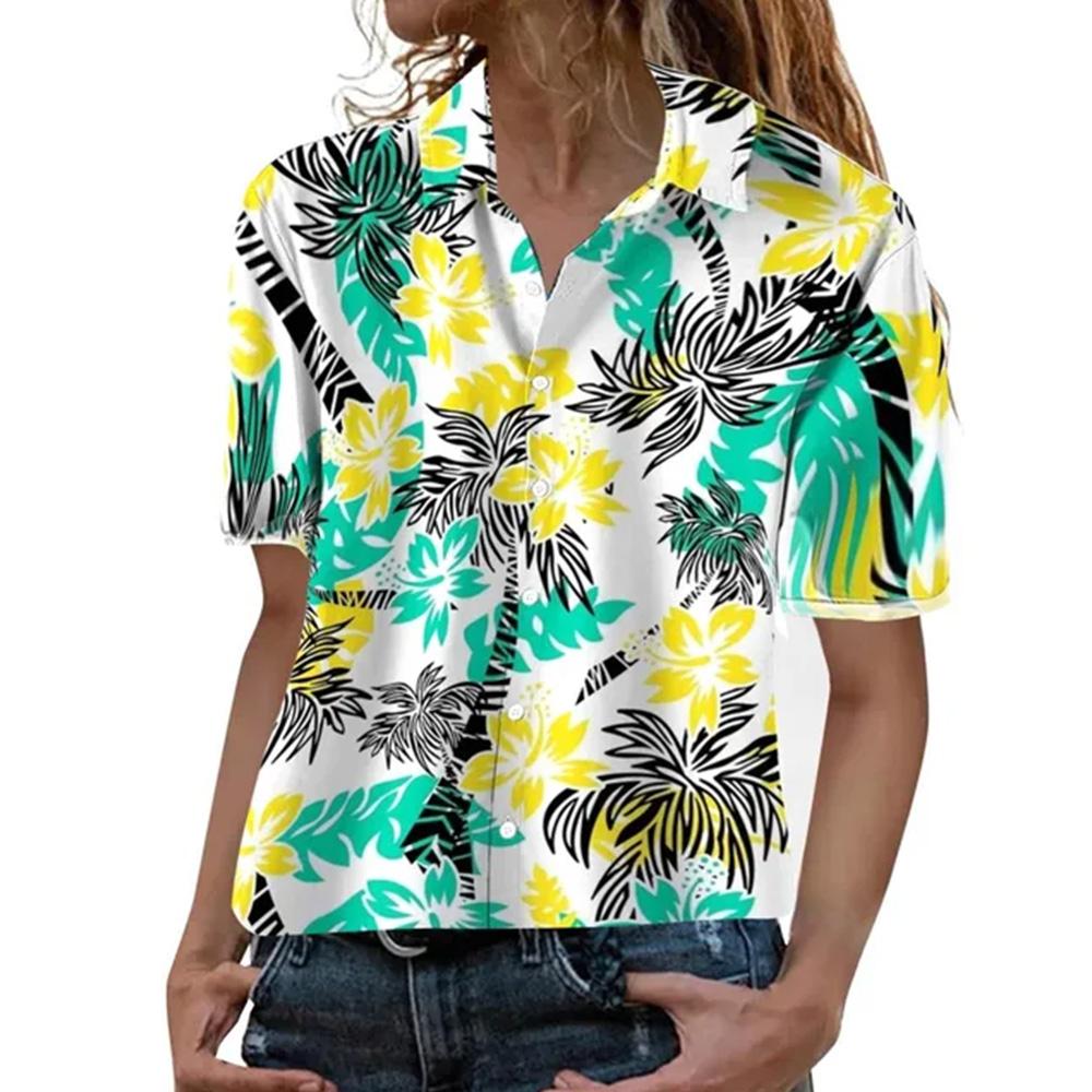 Stile Hawaiano Stampa 3D Monopetto Donna Camicia Hawaiana Moda Collo a Revers T-Shirt Estiva Manica Corta Donna