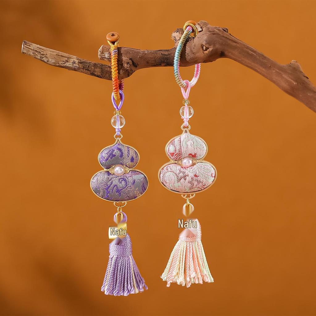 Handmade Chinese Style Song Brocade Gourd Butterfly Tassel Keychain & Double-Sided Pendant