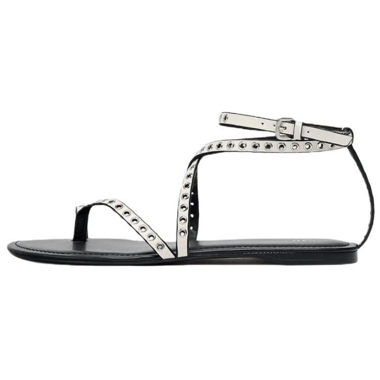 ZARA Studded Toe Loop Ankle Strap Flat Sandals Silver Black Womens 1618510001 36